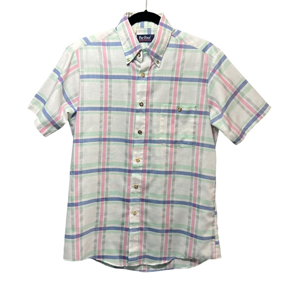 Vintage Par Four Sportswear Pastel Plaid Button Down Shirt USA M Short‎ Sleeve